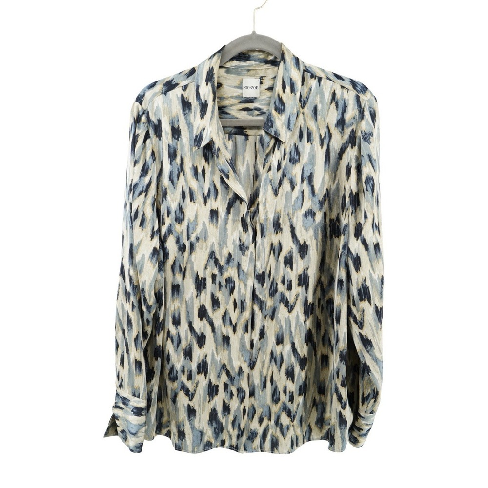 Nic +‎ Zoe Misty Pullover Blouse Blue Tan Abstract Print Long Sleeve (no size)
